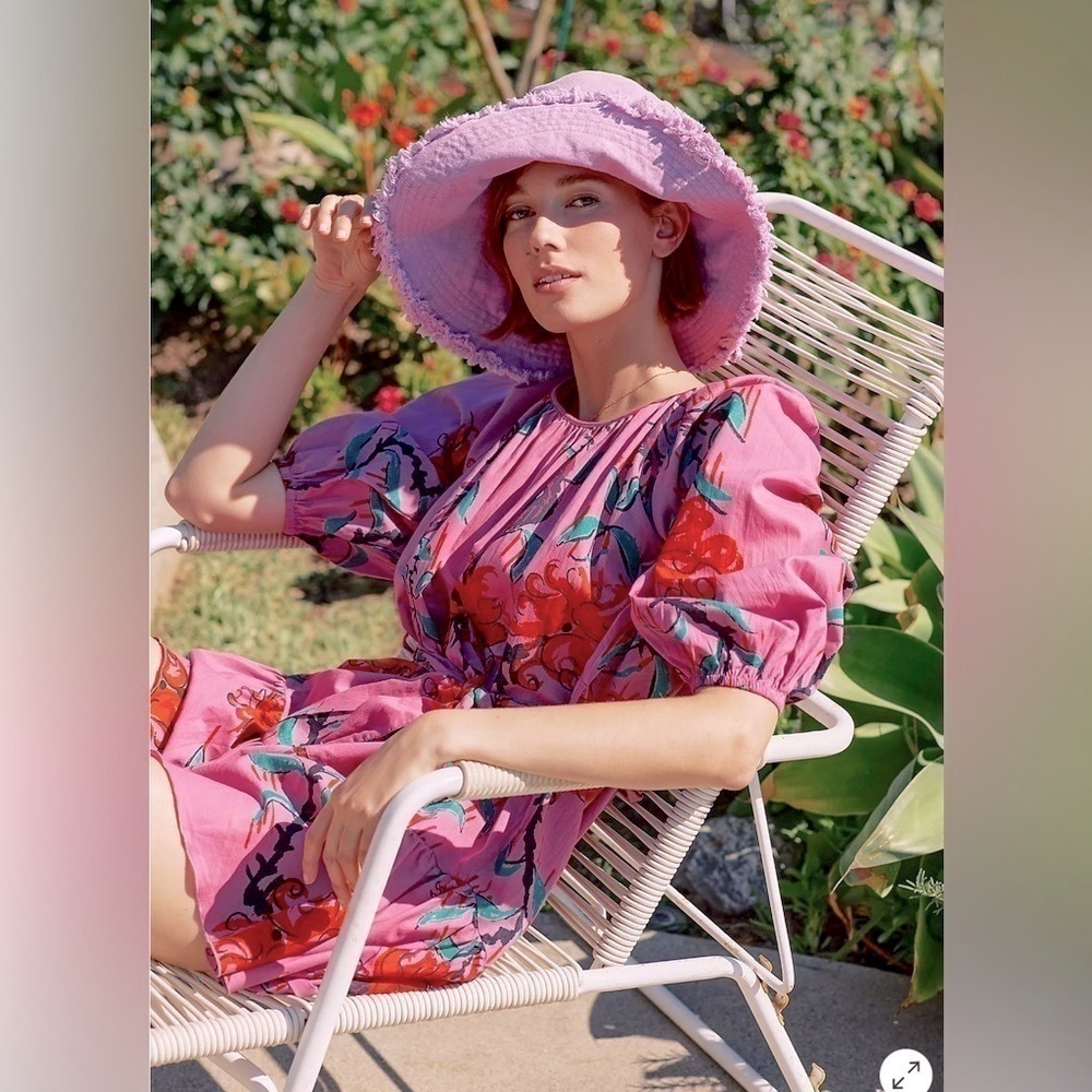 Ro’s Garden Vera Pink Floral Puff Sleeve Mini Dress Tie Waist Ruffle Hem Size M - Picture 13 of 16
